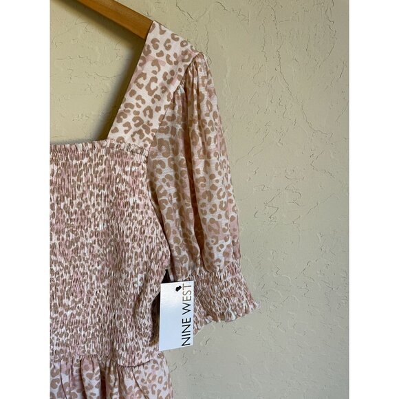 New! Nine West Size Large Smocked Peasant Top Leopard Animal Cheetah Print Short - Picture 4 of 8